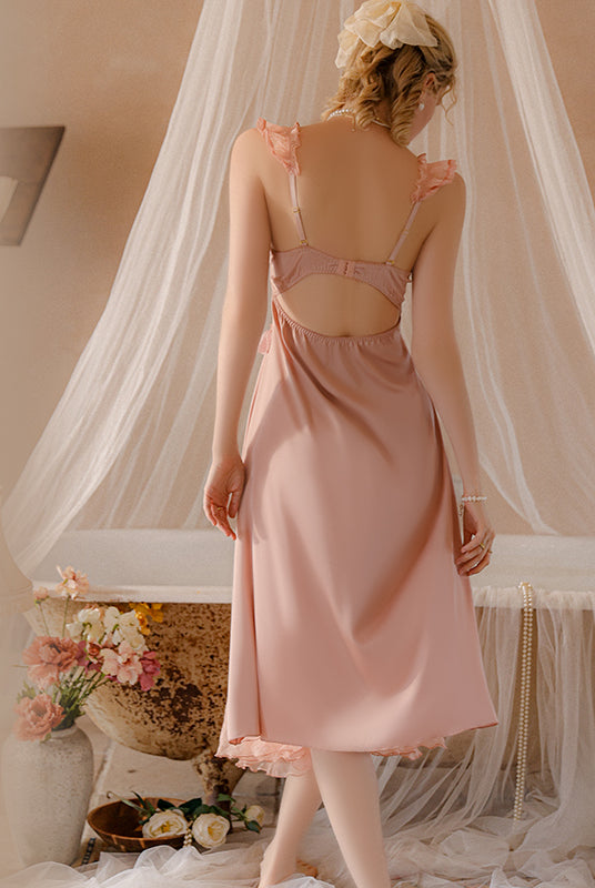 Sensual Mesh Lace Strap Nightgown Peach Passion