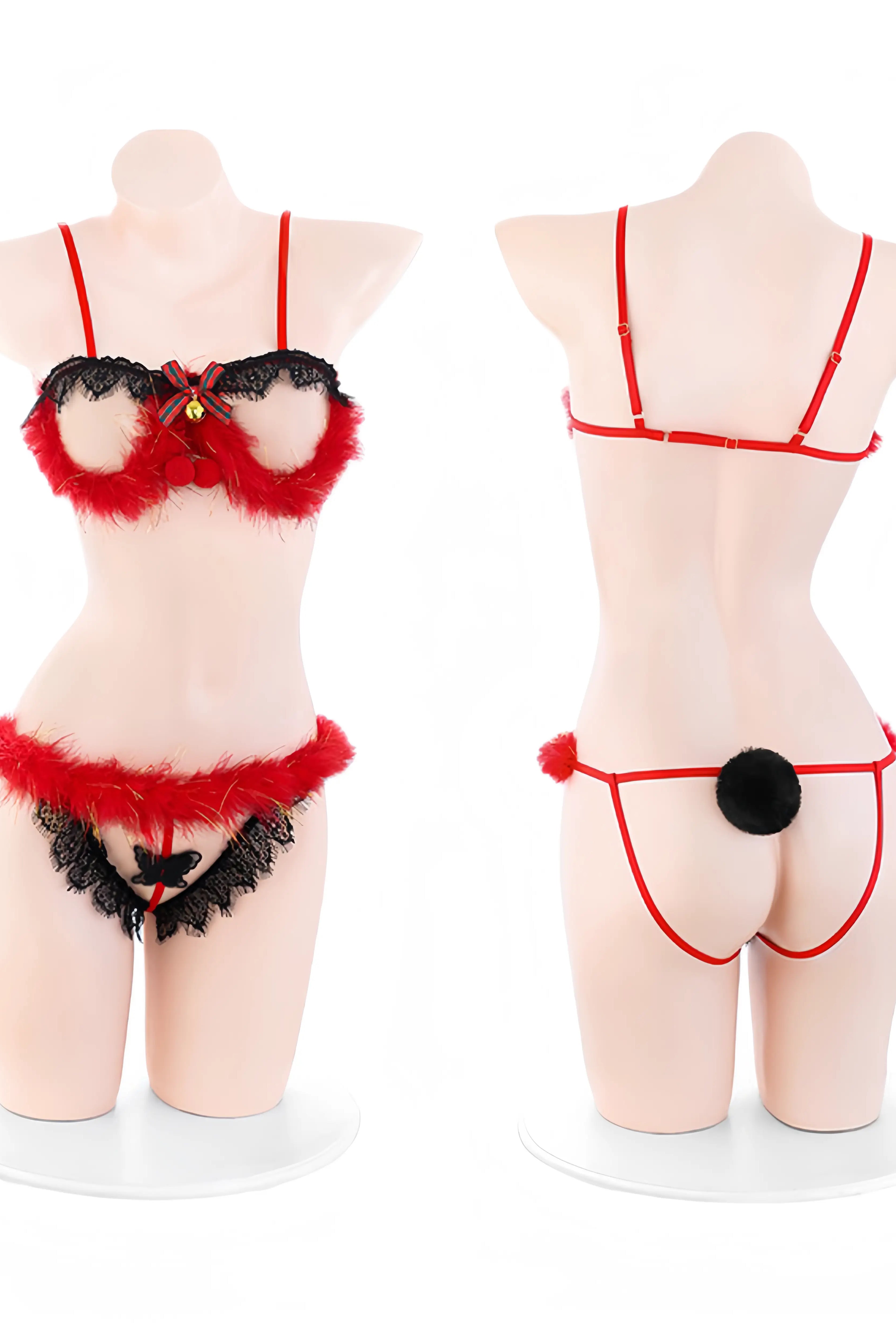 Christmas Furry Open-Cup Crotchless Three-Piece Lingerie Set Peach Passion
