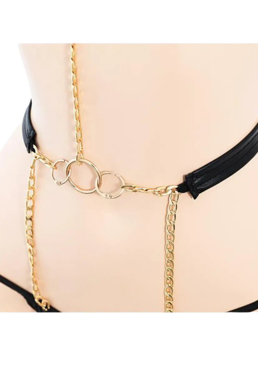Matte Faux Leather Gold Chain Harness Set Peach Passion