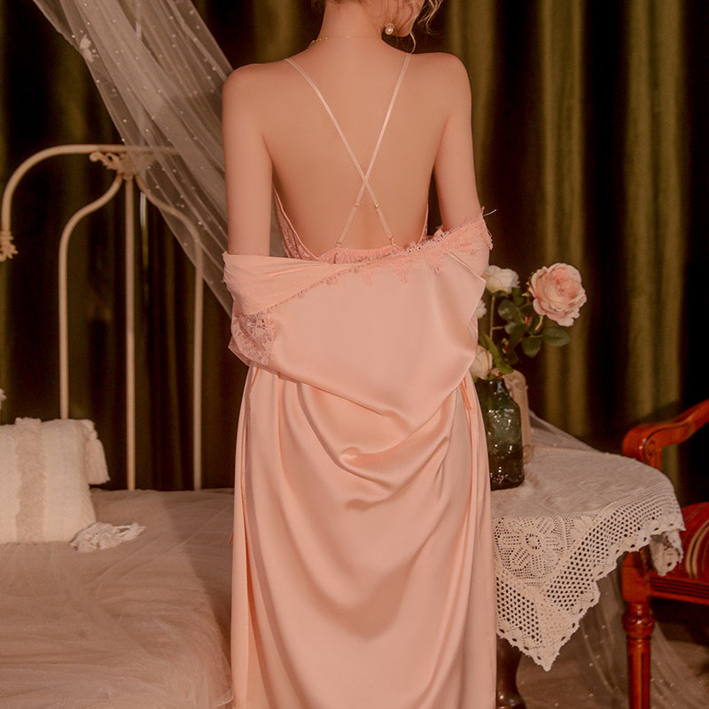 Lace Sheer Deep V-neck Strap Nightgown Peach Passion