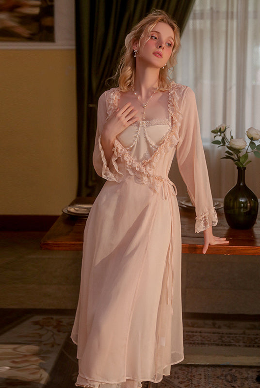 "Solid color nightgown robe", "Sexy nightgown robe", "Apricot nightgown robe", "Lace embellishments", "Pearl details"