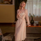 "Solid color nightgown robe", "Sexy nightgown robe", "Apricot nightgown robe", "Lace embellishments", "Pearl details"