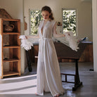 Silk-Blend Robe with Feather Cuffs and Embroidered Belt - Luxurious Long Home Wear Set Peach Passion