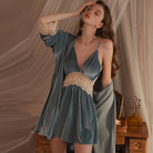 "Luxury velvet slip dress" "Deep V-neck lingerie with lace" "Elegant robe and dress set" "Butterfly lace velvet nightwear" "Sophisticated velvet loungewear ensemble"