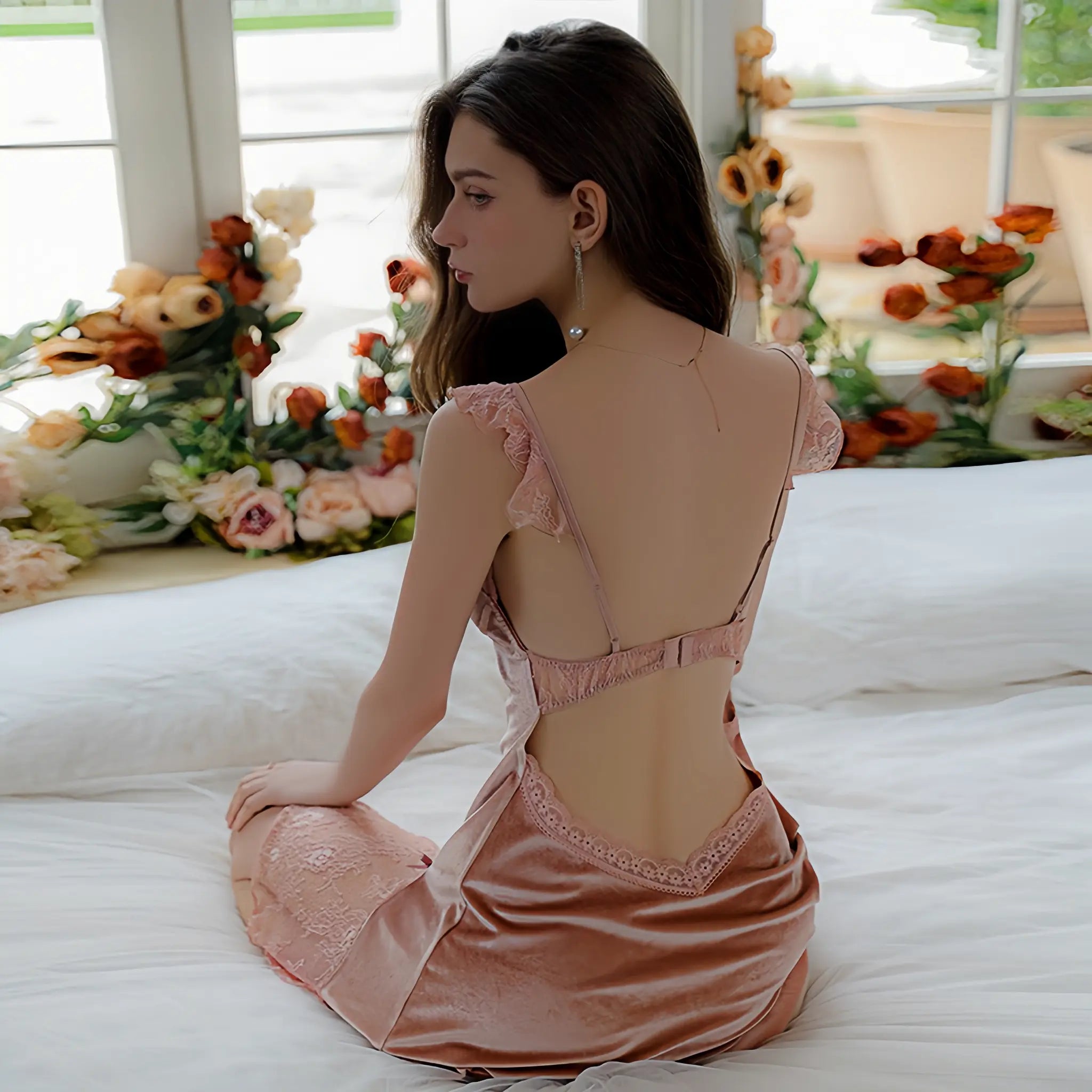 Sensual Velvet and Sheer Deep V-Neck Nightgown with Flutter Sleeve Robe Set Peach Passion