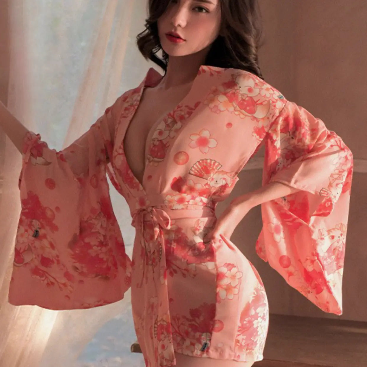 Japanese Cherry Blossom Cat Print Kimono - Peach Passion