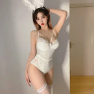 Sensual Deep V Velvet Patchwork Cute Bunny Girl Snap Crotch Bodysuit Peach Passion