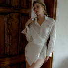 Minimalist Satin Long Sleeve Tie-Front Sleep Shirt - Chic Irregular Hem Nightwear Peach Passion