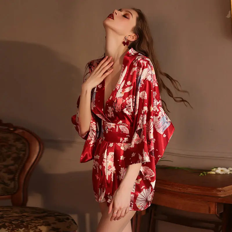 Sensual Deep V Japanese Print Kimono-Inspired Lingerie Peach Passion