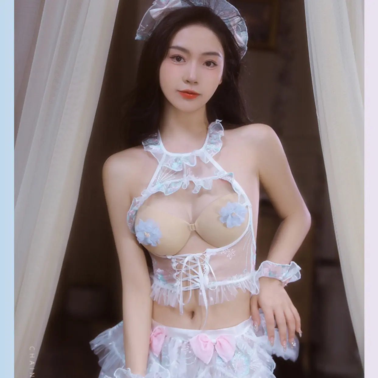 Floral Embroidery Sheer Bust Maid Costume Peach Passion