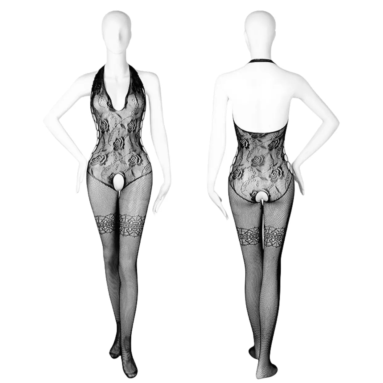 Side-Cutout Floral Patterned Crotchless Bodystocking Peach Passion