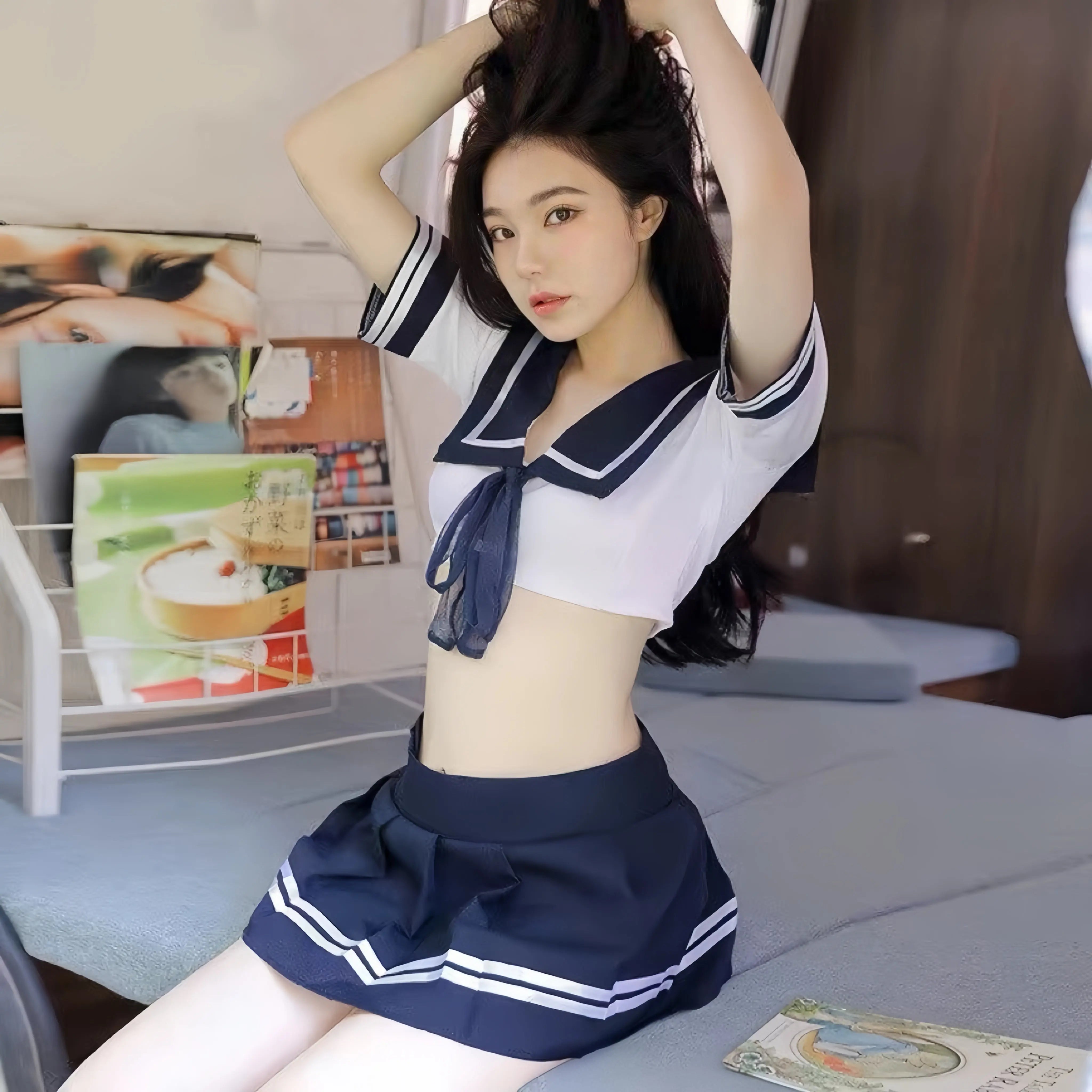 Innocent Exposed Waist Student Uniform Peach Passion