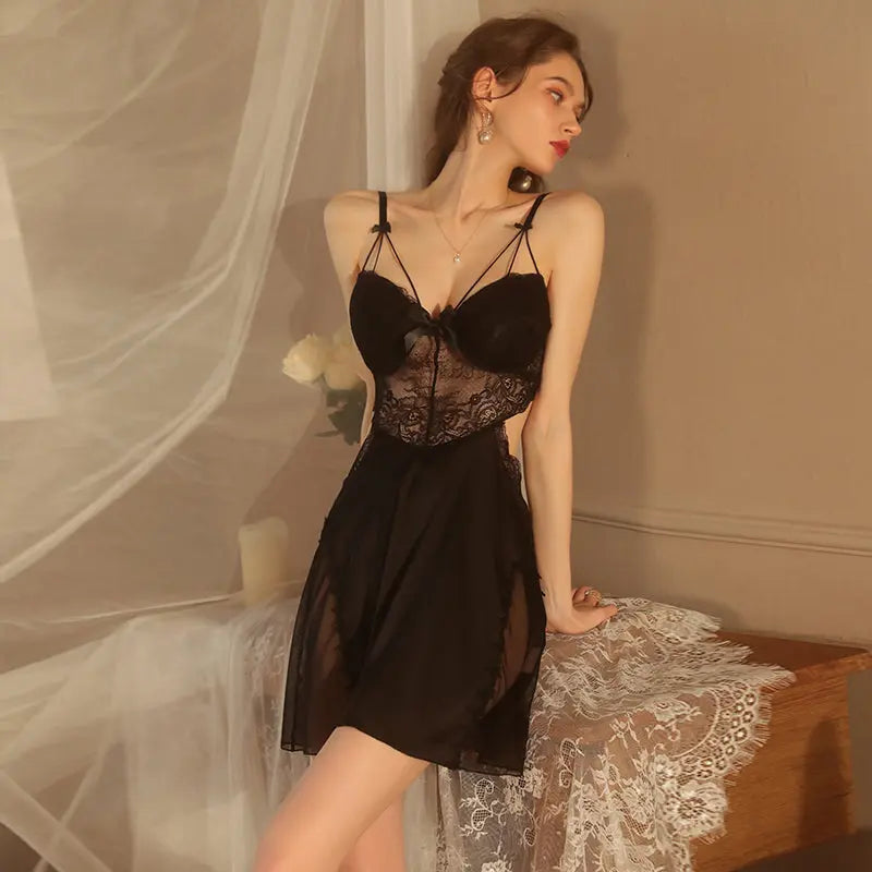 Seductive Lace Sheer Steel Ring Gathered Nightwear Peach Passion