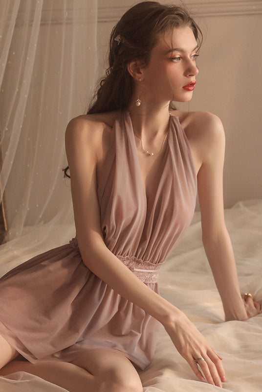 Sexy Mesh Deep V-neck Halter Nightgown Peach Passion