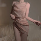 Shiny Sequin Mesh Sheer Perspective Metal Chain Nightgown Peach Passion