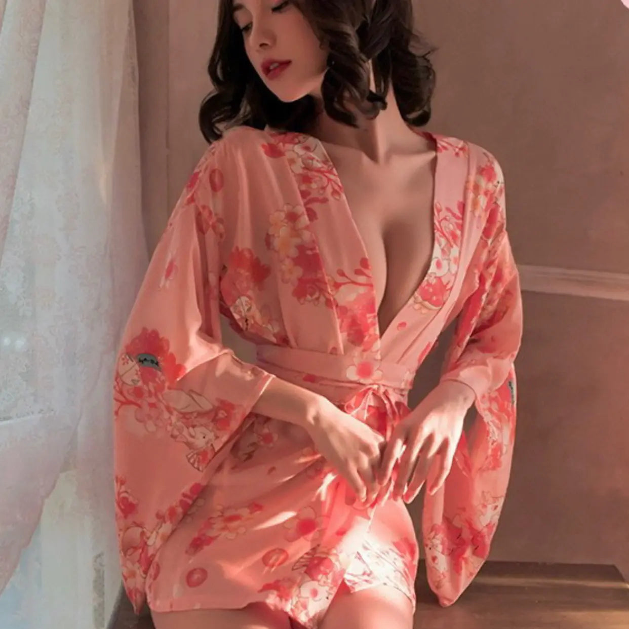 Japanese Cherry Blossom Cat Print Kimono - Peach Passion