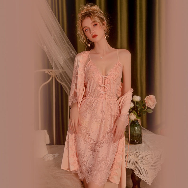 Lace Sheer Deep V-neck Strap Nightgown Peach Passion