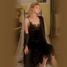 Velvet Lounge Set with Lace-Back Robe and Camisole Slip Dress Peach Passion