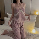 Cozy Flannel Lace-Trim Camisole Pajama Set with Matching Robe Peach Passion