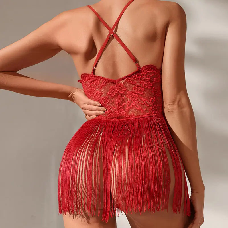 Pure Desire Lace Sheer Deep V Seductive Fringe Hem Sexy Backless Nightgown Set Peach Passion