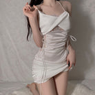 Low-Cut Lace Sheer Mesh Ruched Nightdress Peach Passion