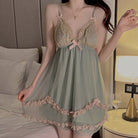 Sheer Mesh Padded Push-Up Sleep Dress with Lace Deep V Camisole Robe Peach Passion