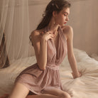 Sexy Mesh Deep V-neck Halter Nightgown Peach Passion