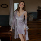 Sensual Velvet and Sheer Deep V-Neck Nightgown with Flutter Sleeve Robe Set Peach Passion