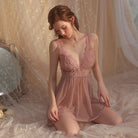 Sensual Sheer Chiffon Lace Split Nightgown Peach Passion